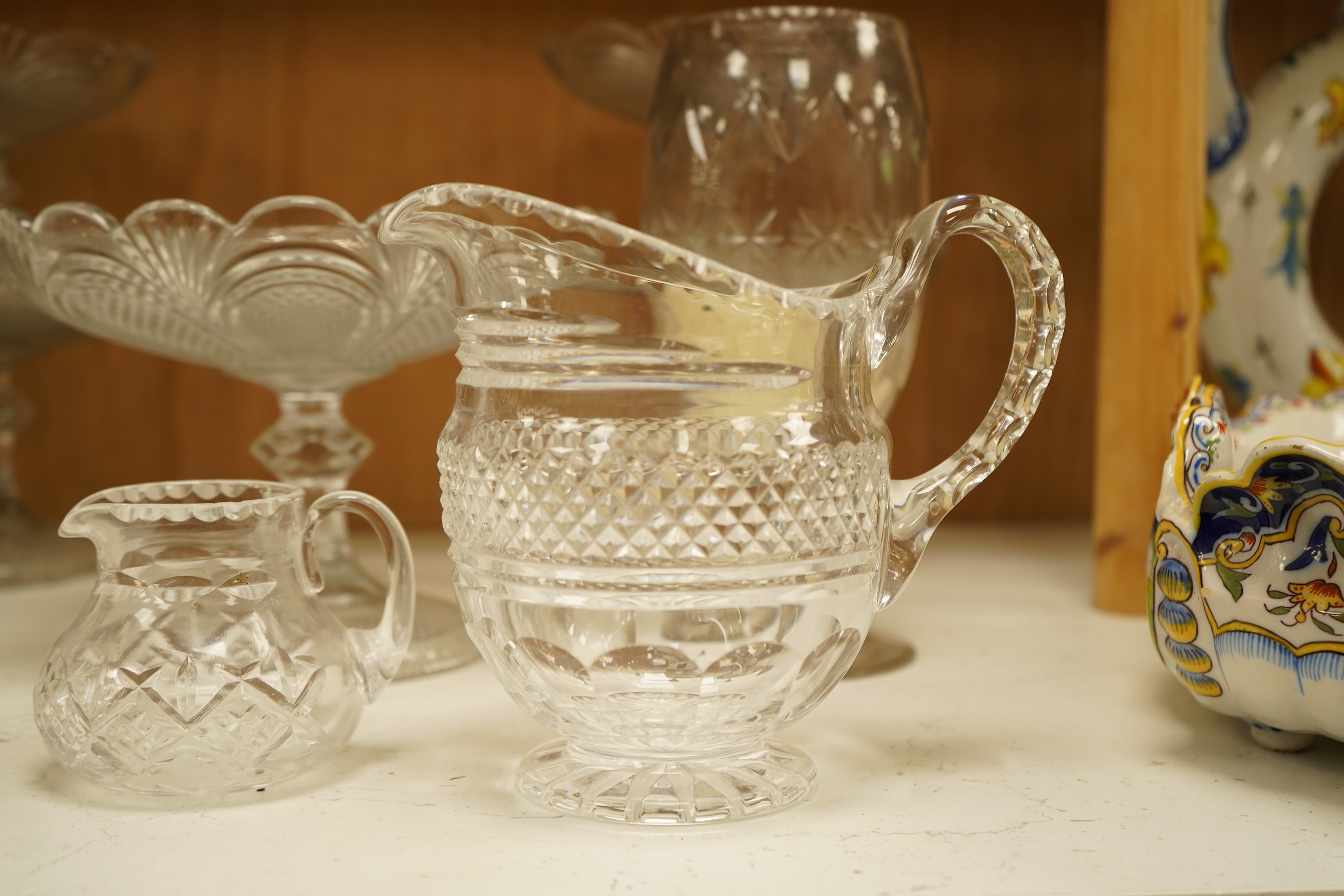 Collection of glassware to include William Yeoward beehive honey skep, five pressed glass comports and other glassware, largest 23cm in diameter
